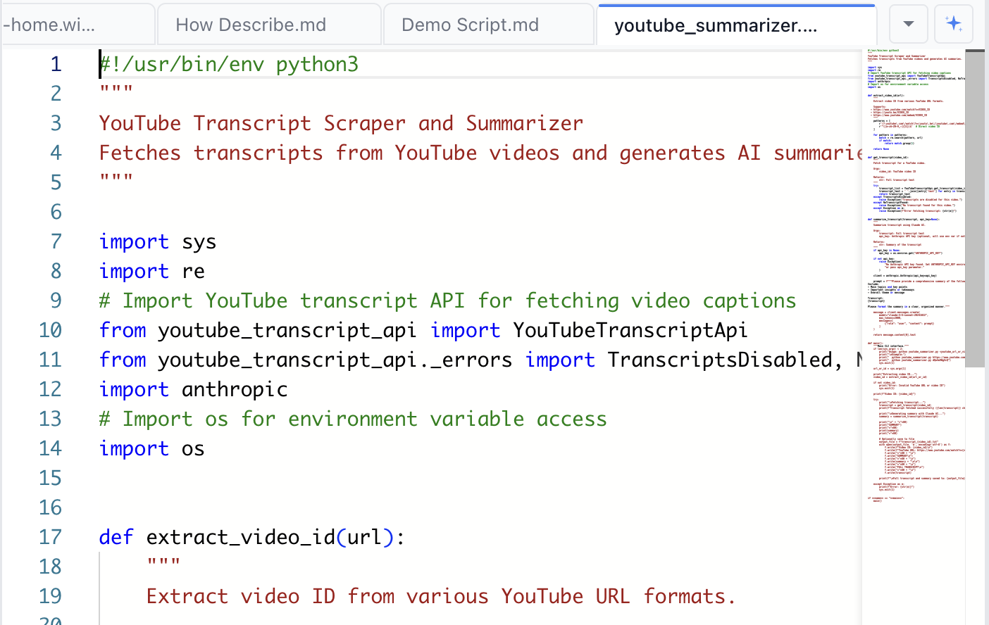 A Python file open in the Nimbalyst code editor with syntax highlighting, file tabs, and a minimap