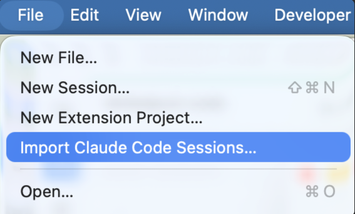 The File menu open, with Import Claude Code Sessions... highlighted