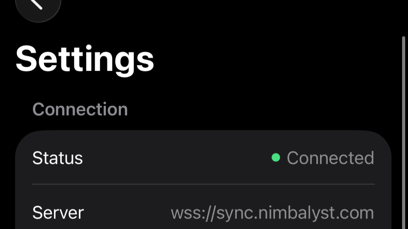 Mobile Settings screen showing the sync connection status as Connected