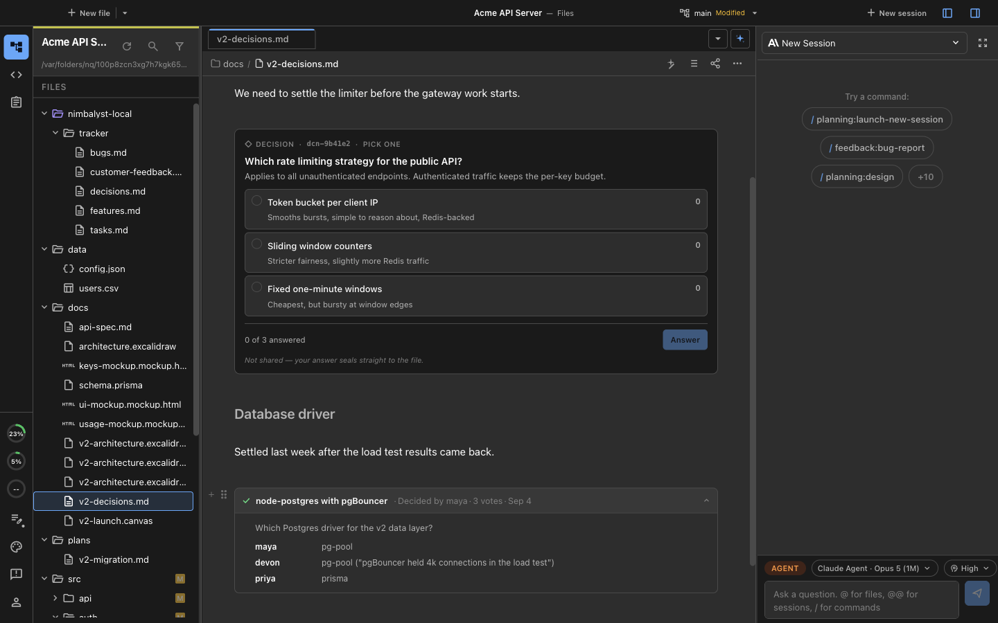 A markdown document with an open decision block offering three rate-limiting options and a sealed decision below it, expanded to show each teammate's attributed vote