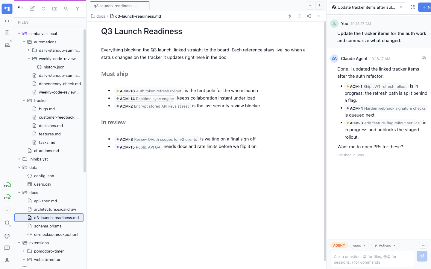 A launch-readiness document containing live tracker reference pills with item keys, titles, and statuses