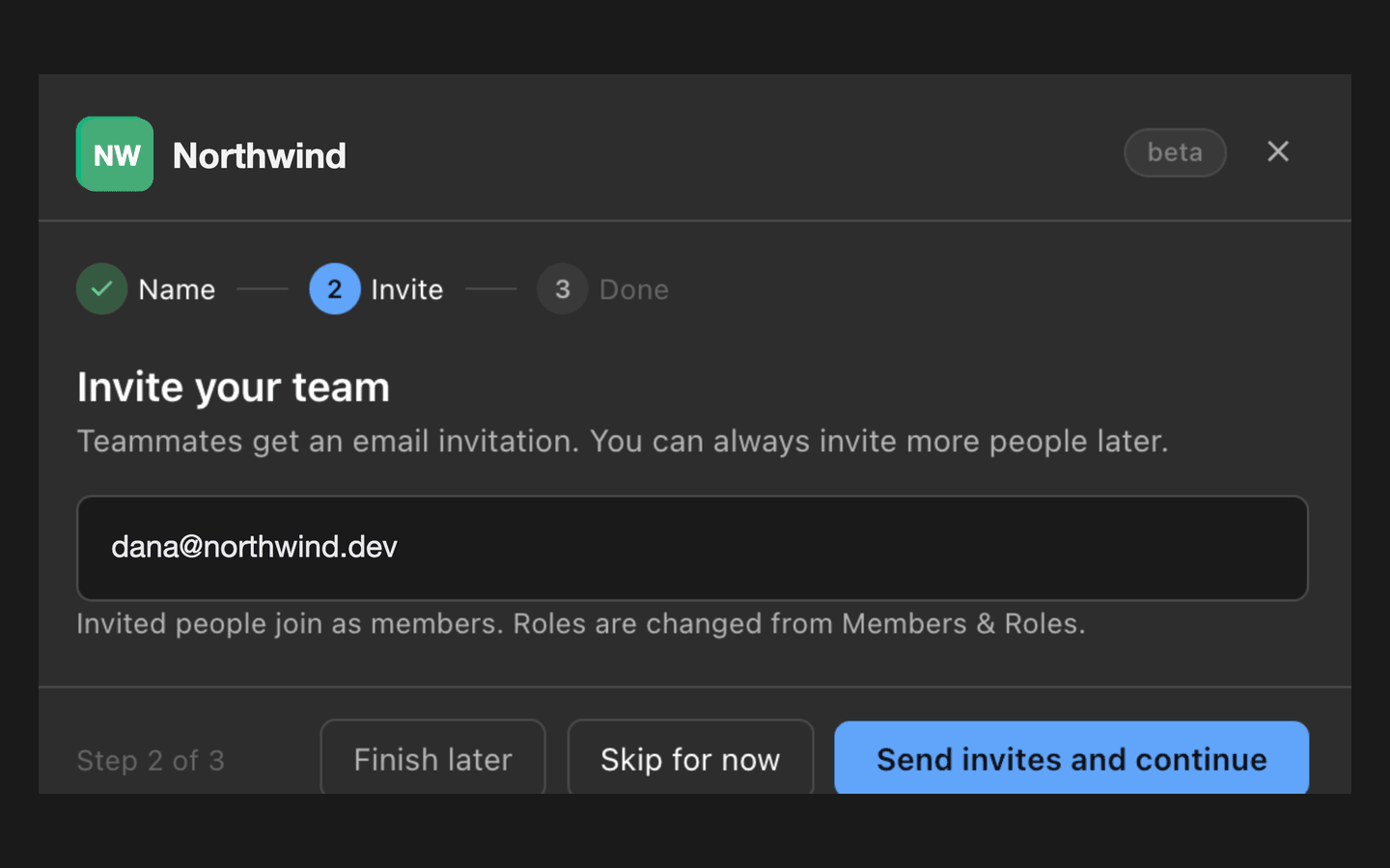 The New organization dialog on its Invite step, with a teammate's email address entered