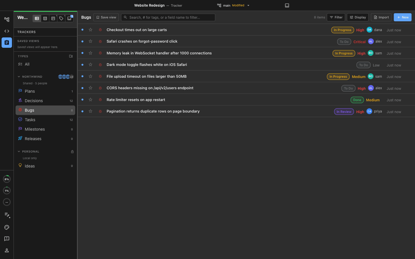 The tracker sidebar split into a Northwind section marked Shared with 5 people and a Personal section marked Local only