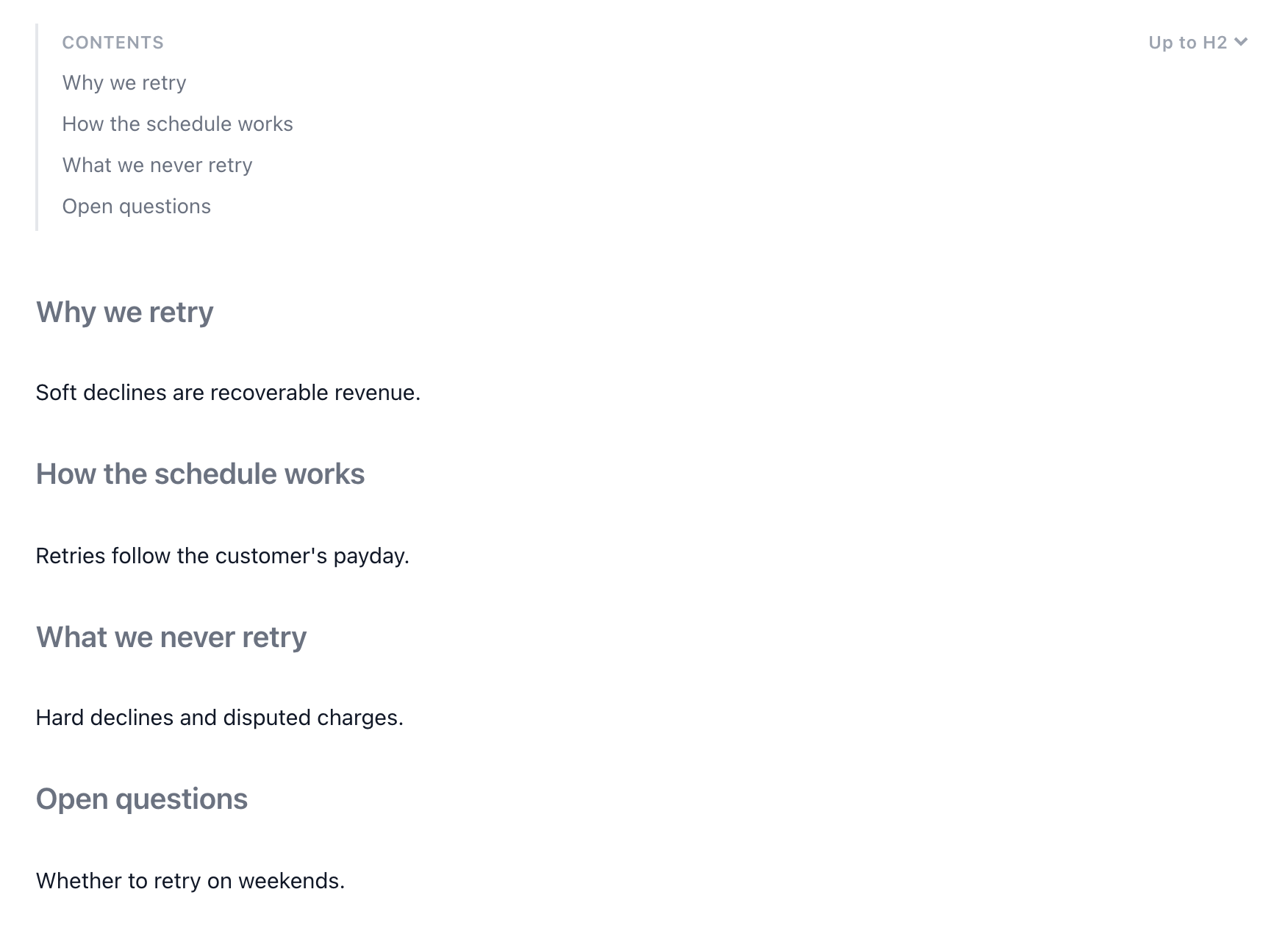 A table of contents at the top of a page listing its four sections
