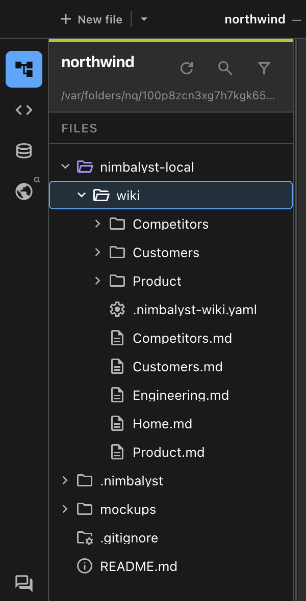The Files tree with nimbalyst-local/wiki expanded: Competitors, Customers and Product folders, the .nimbalyst-wiki.yaml marker, and Competitors.md, Customers.md, Engineering.md, Home.md and Product.md