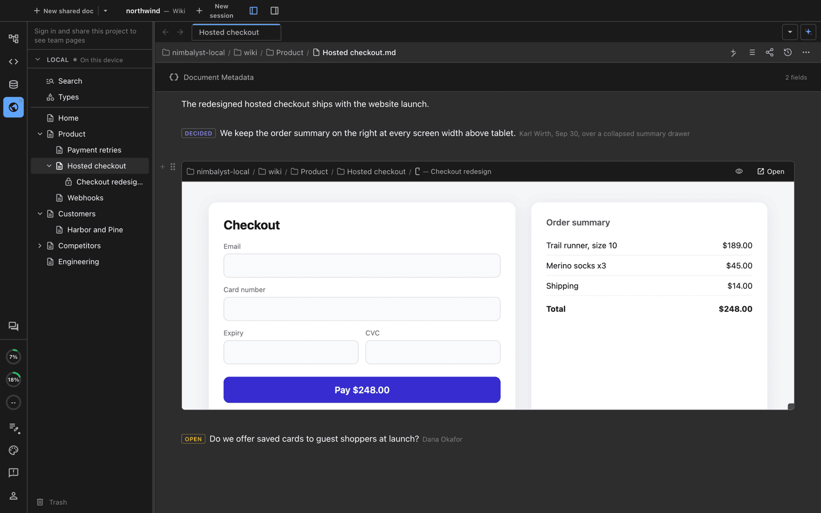 A Hosted checkout page with a decision, an editable checkout mockup embedded in the page, and an open question below it