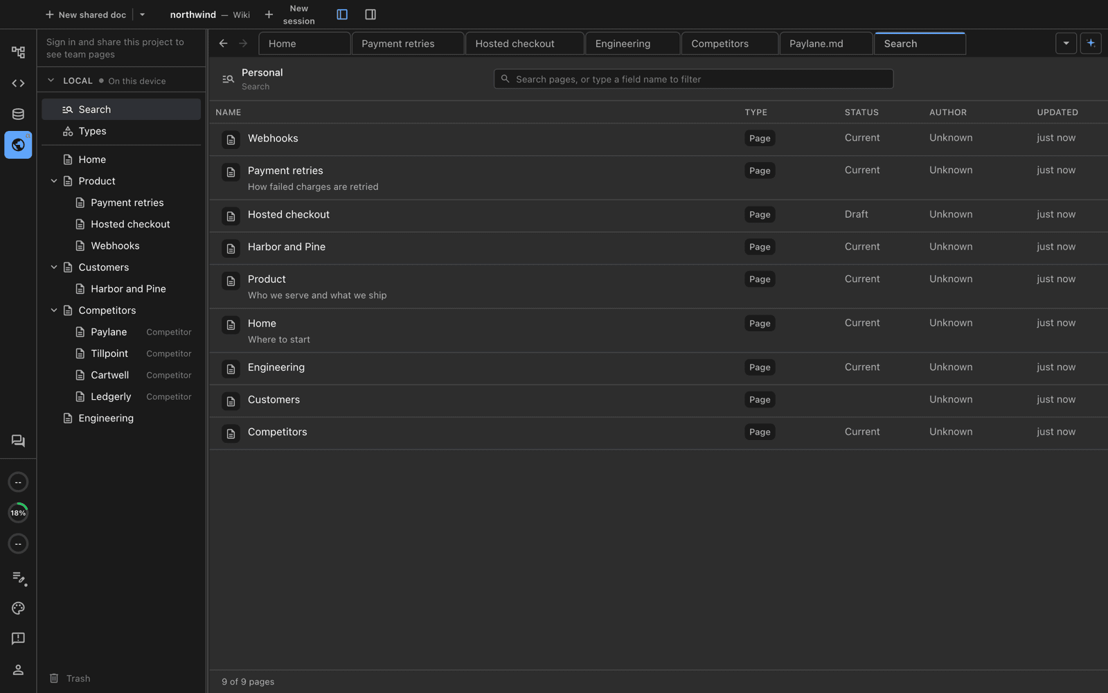 Wiki Search showing a table of pages with Name, Type, Status, Author and Updated columns and each page's one-line summary under its name